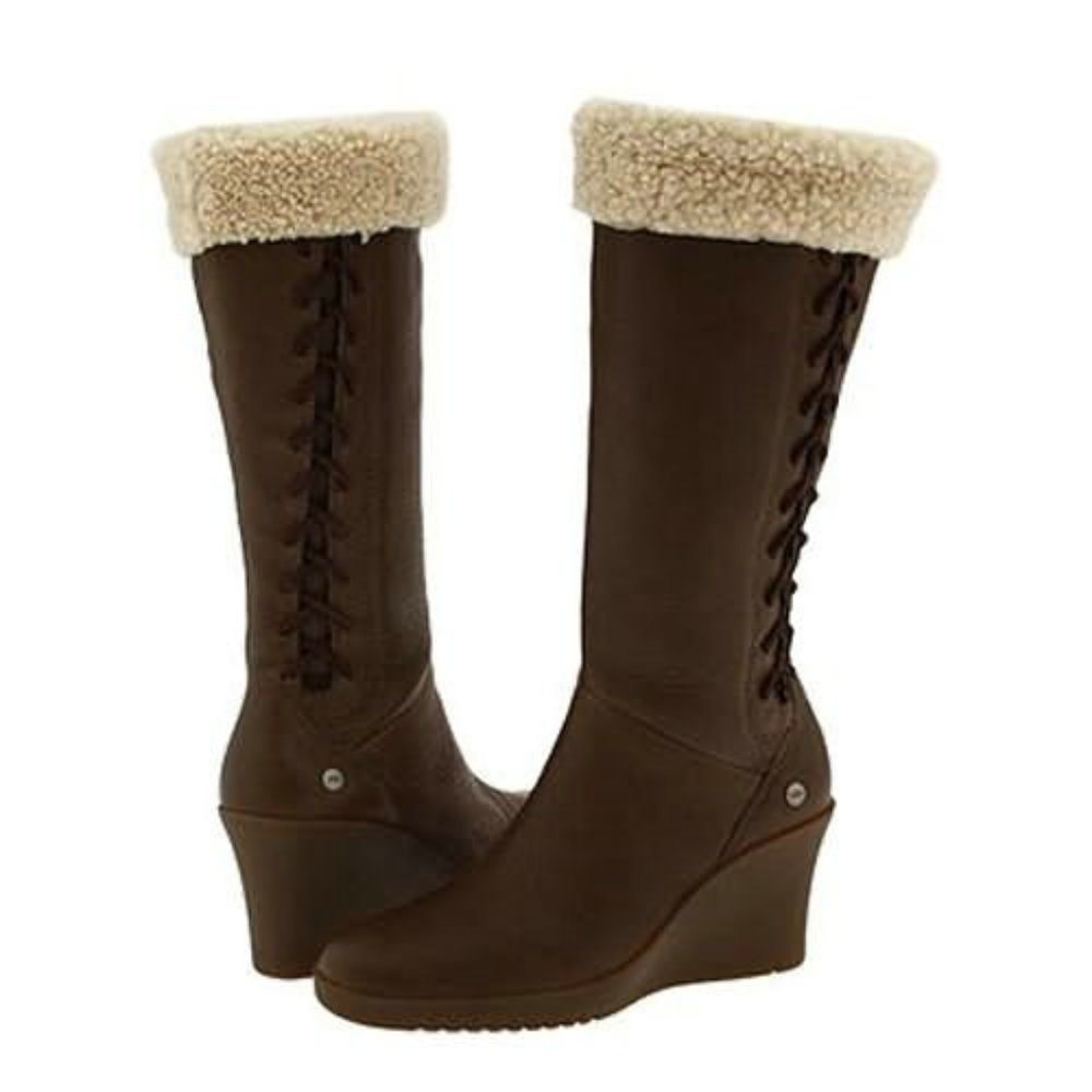 UGG Brown Heeled Boots with Shearling Trim
